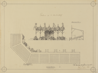 32841 Opstand, doorsnede en plattegrond van de tribune op het Munsterkerkhof te Utrecht, gebouwd ter gelegenheid van de ...